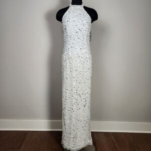 NWT AIDAN MATTOX white beaded halter gown